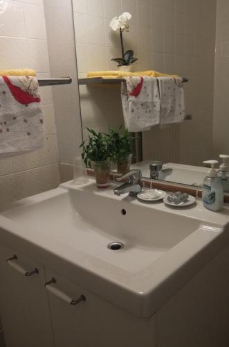 a bathroom with a white sink and a mirror at Mei Hôtel-Restaurant in Sarrebourg
