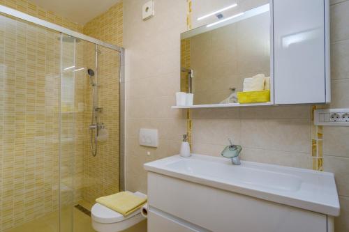 a bathroom with a sink and a shower and a toilet at Vila Blanka in Martinšćica