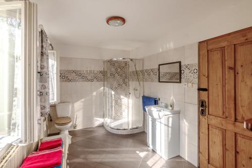 a bathroom with a tub and a toilet and a shower at Resort Vysoká Lípa in Jetřichovice