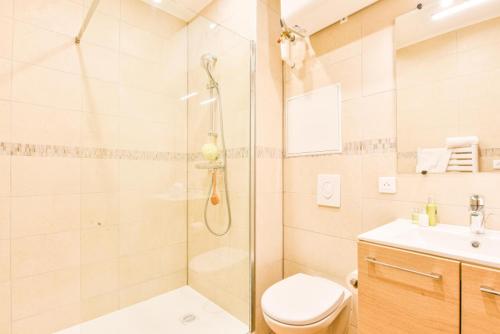 une salle de bain avec une douche, des toilettes et un lavabo dans l'établissement L'escale - proche Homme de Fer, à Strasbourg