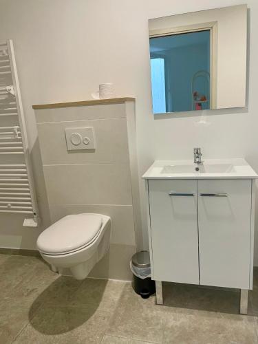 une salle de bain avec des toilettes blanches et un lavabo dans l'établissement T2 rénové avec terrasse au cœur des Cévennes, à Saint-Germain-de-Calberte