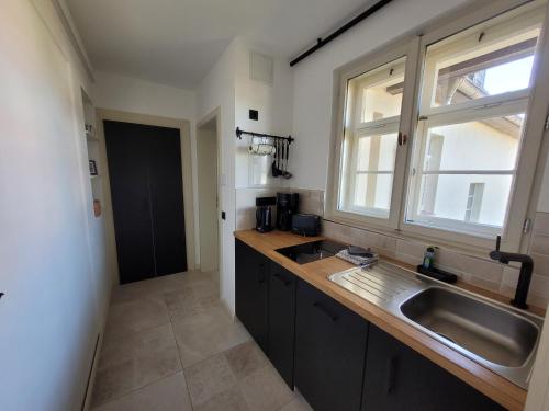 a kitchen with a sink and a window at Hillehof Ostrau in Bad Schandau