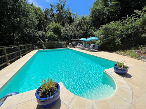 - une piscine avec des plantes en pot sur une terrasse dans l'établissement Mas Colorelle, à Puy-lʼÉvêque