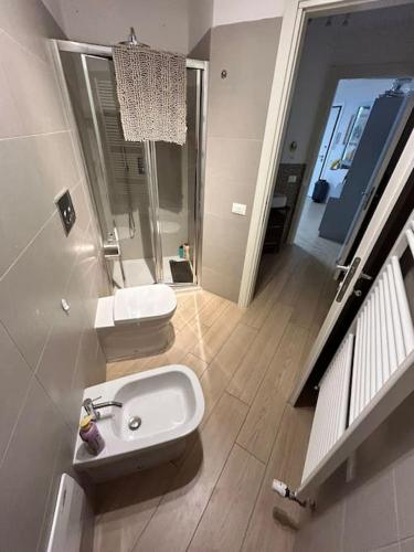 a white bathroom with a sink and a toilet at Monolocale con giardino in Villa Opicina