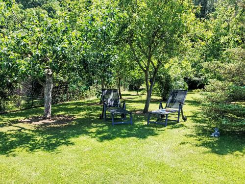 three black chairs sitting in the grass under trees at Apartment An der Eine-1 by Interhome in Stangerode
