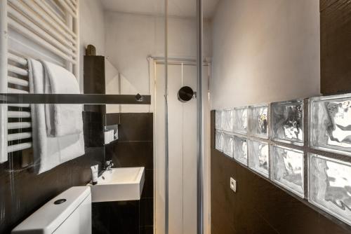 une salle de bain avec un lavabo et un miroir dans l'établissement Charming Studio in North Paris Center, à Paris