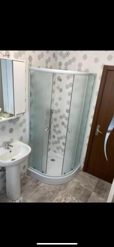 un baño con ducha y lavabo en Dana Studio 1, en Tulcea