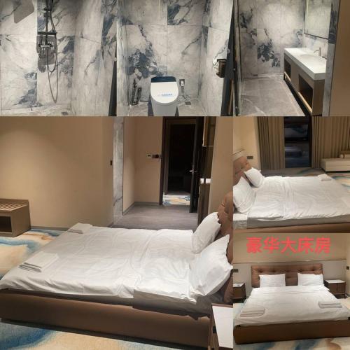 two pictures of a bedroom with a bed and a sink at 龙腾国际酒店 in Manila