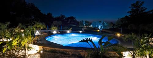 a swimming pool in a garden at night at AGROTOPIA Guesthouses in Theologos