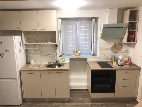 eine kleine Küche mit Spüle und Kühlschrank in der Unterkunft Apartman Blue Moon Split- free parking in Split
