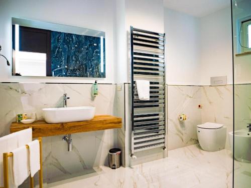 a bathroom with a sink and a shower and a toilet at Giardino Dei Principi d'Abruzzo in Citta' Sant'Angelo