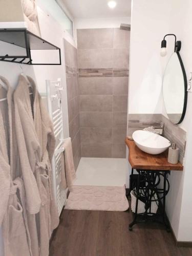 une salle de bain avec un lavabo et une douche dans l'établissement La parenthèse, à Béthisy-Saint-Pierre