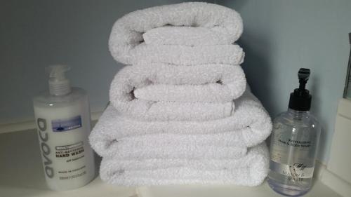 una pila de toallas en un mostrador junto a botellas de jabón en Kingfisher Cottage, en Tavistock