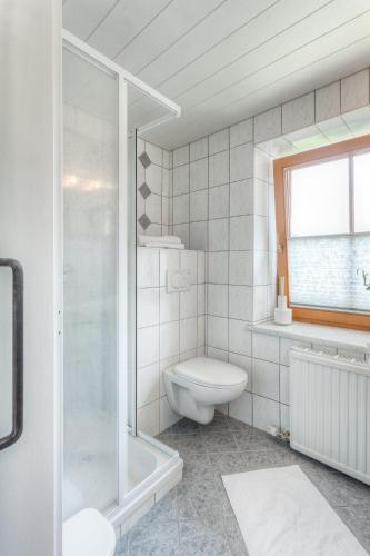 a white bathroom with a shower and a toilet at Michelerhof - kinderfreie Unterkunft in Lavant