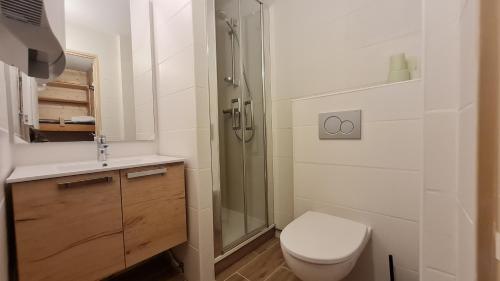 une salle de bain avec une douche, des toilettes et un lavabo dans l'établissement Champame - A4 - Studio proche pistes - 4 pers, à Les Deux Alpes