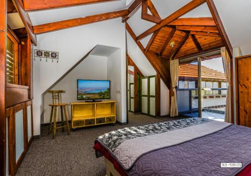 a bedroom with a bed and a flat screen tv at Beautiful Lake View Wooden House in Tiberias