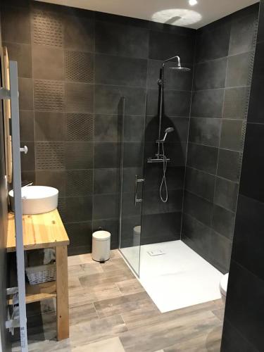 une salle de bain avec douche et lavabo dans l'établissement Gite Belle Echappée - Combe Laval, à La Chapelle-en-Vercors