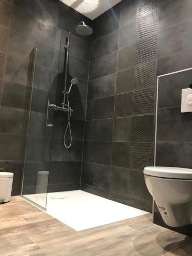 une salle de bain avec douche et toilettes dans l'établissement Gite Belle Echappée - Combe Laval, à La Chapelle-en-Vercors