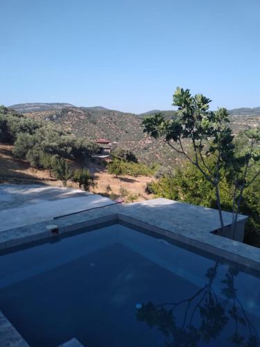 a swimming pool with a view of the mountains at Gurmefes Tiny House in Selcuk
