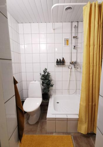 a bathroom with a toilet and a bath tub at Nostalgic Retro Apartment in Kiviõli