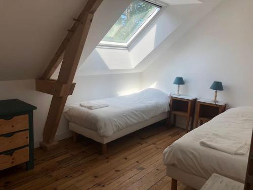 - une chambre mansardée avec 2 lits et une fenêtre dans l'établissement La Terre Ferme - Au cœur d'une ferme maraîchère, à Saint-Lunaire