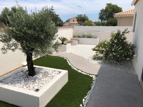un jardin avec un arbre dans un planteur blanc dans l'établissement La maison de Julie et Franck, à Montescot