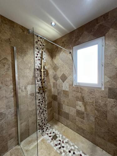 a bathroom with a shower with a window at Villa Sous l'Olivier de Provence in Morières-lès-Avignon