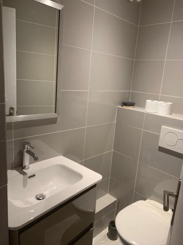 une salle de bain avec un lavabo et des toilettes dans l'établissement Chante Brise 2 Pieces, à Cannes