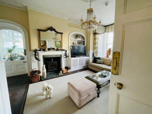 a living room with a dog standing in front of a fireplace at Uplands House Tewkesbury in Tewkesbury