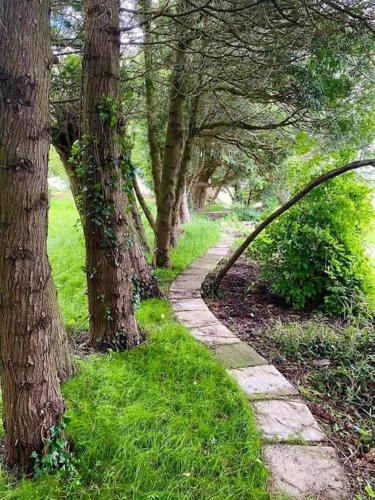 a stone path through a forest with trees at Uplands House Tewkesbury in Tewkesbury