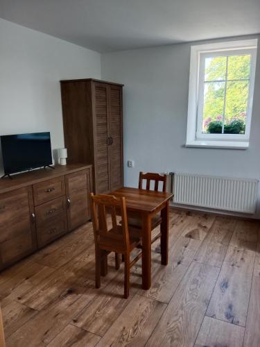 a living room with a wooden table and a television at Penzion na Mlýně in Hradec nad Svitavou