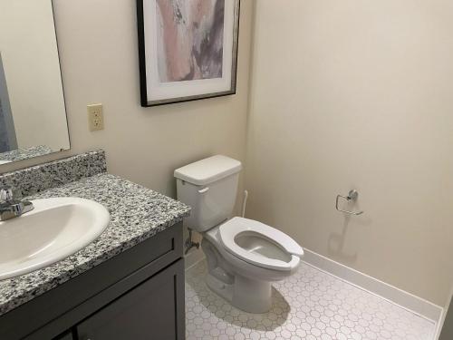 a bathroom with a white toilet and a sink at Strongback Suite 207 in Adrian