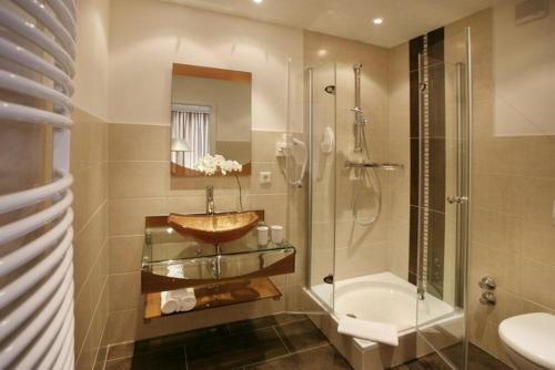 a bathroom with a sink and a shower and a toilet at Hotel Waldecker Hof in Willingen