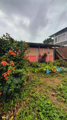 a garden with flowers in front of a house at Hospedaje Bananas in Altagracia