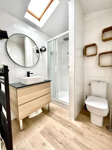 une salle de bain avec un lavabo, des toilettes et un miroir dans l'établissement Agathoise by Yumē, à Toulouse