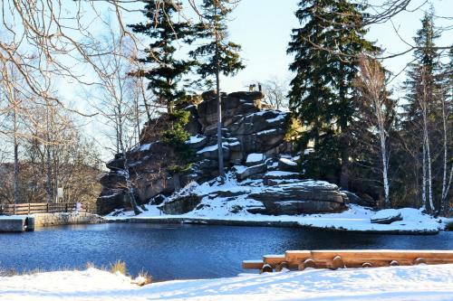 a pond in a park with snow on the ground at Hotel Willa Odkrywców in Szklarska Poręba