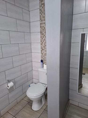 a bathroom with a toilet and a tiled wall at Big Tree Guesthouse Brits in Brits