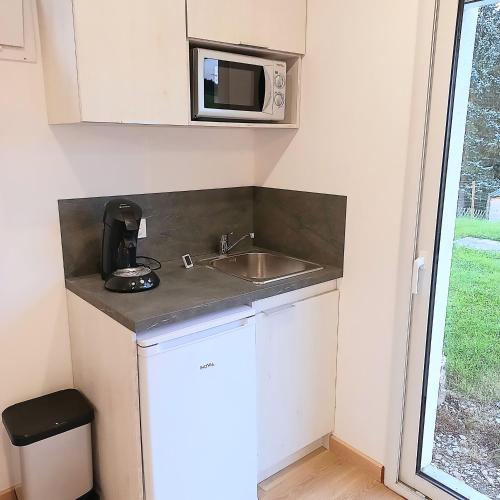 a kitchen with a sink and a microwave at Au creux du nid in Lamure-sur-Azergues