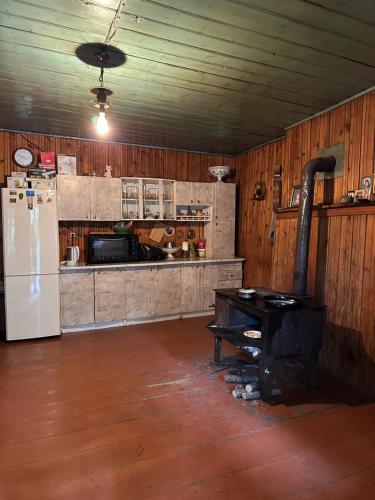 a kitchen with a refrigerator and a table in it at Mukhran&Nargiza guesthouse in Adishi