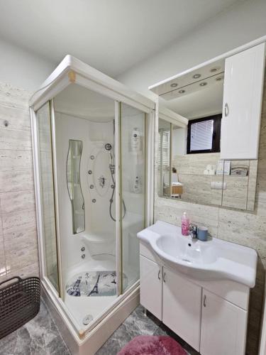 a bathroom with a shower and a sink at Apartmani EMA Bihać in Bihać