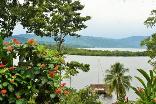 a view of a lake with a boat in the water at Nathylodge in Bocas del Toro