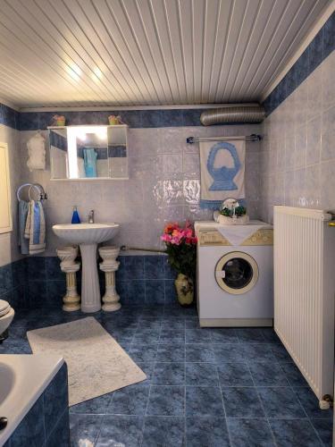 a bathroom with a sink and a washing machine at Το Αρχοντικό Της Βέτας Στον Όλυμπο! in Pýthion