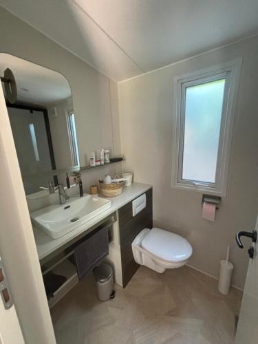 une salle de bain avec un lavabo et des toilettes et une fenêtre dans l'établissement Bungalow de Luxe, New, Top-of-the-range amenities, Air conditioning, Jacuzzi and Sea view, à Saint-Raphaël