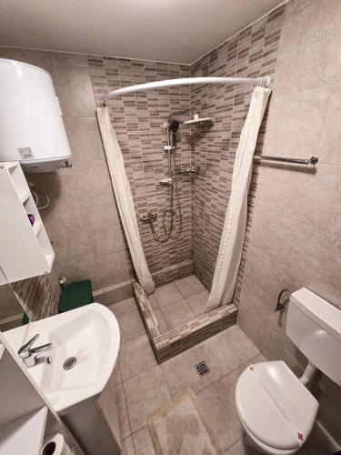 a bathroom with a shower and a toilet and a sink at Guest House Time Out in Sarajevo