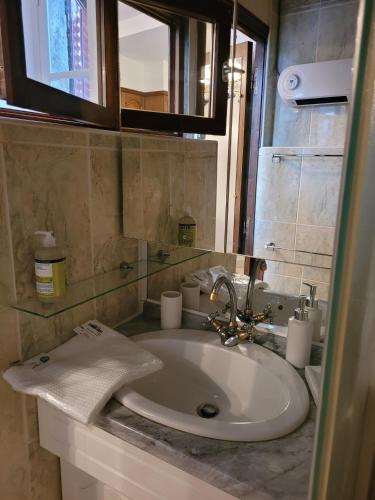 une salle de bain avec un lavabo et un miroir dans l'établissement Logis du Mont, à Saint-Sernin-du-Plain
