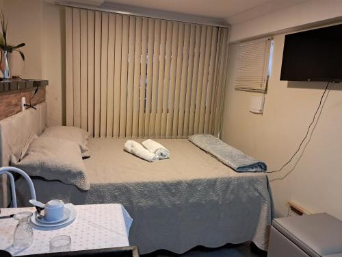 a small room with two beds and a tv at Aconchego Vila Rica - Mariana in Mariana