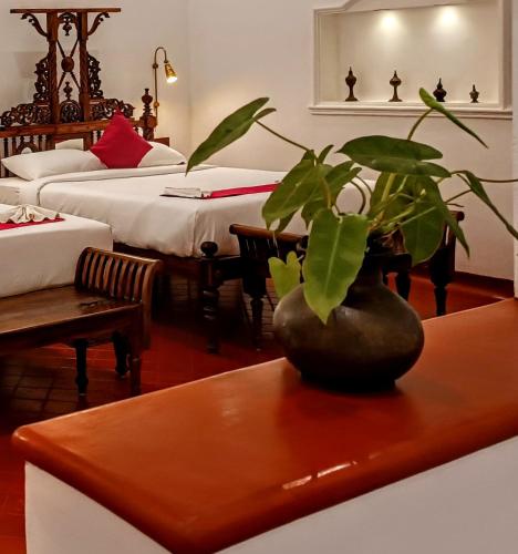 a room with a table with a plant on it at Marari Beach Bungalow Resort Alleppey in Mararikulam