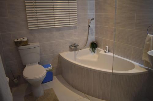 a bathroom with a tub and a toilet and a sink at Willow On Wellfreer in Durban