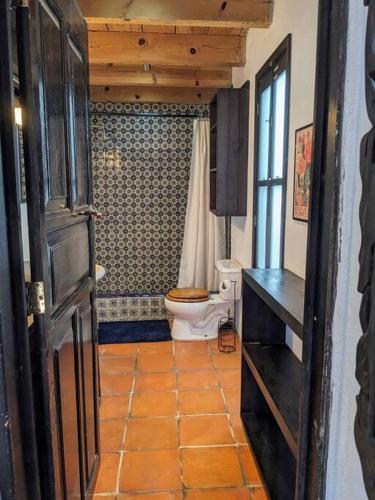 a bathroom with a toilet and a shower at Spacious Studio Boasting Breathtaking Views in Guanajuato