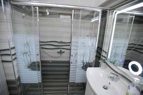 a bathroom with a shower and a sink at Guest House Flowers in Berat